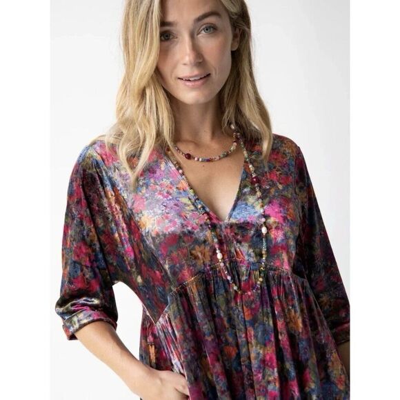 Natural Life Stella Velvet Babydoll Mini Dress Womens Sz L Floral V-Neck Boho - Picture 2 of 14
